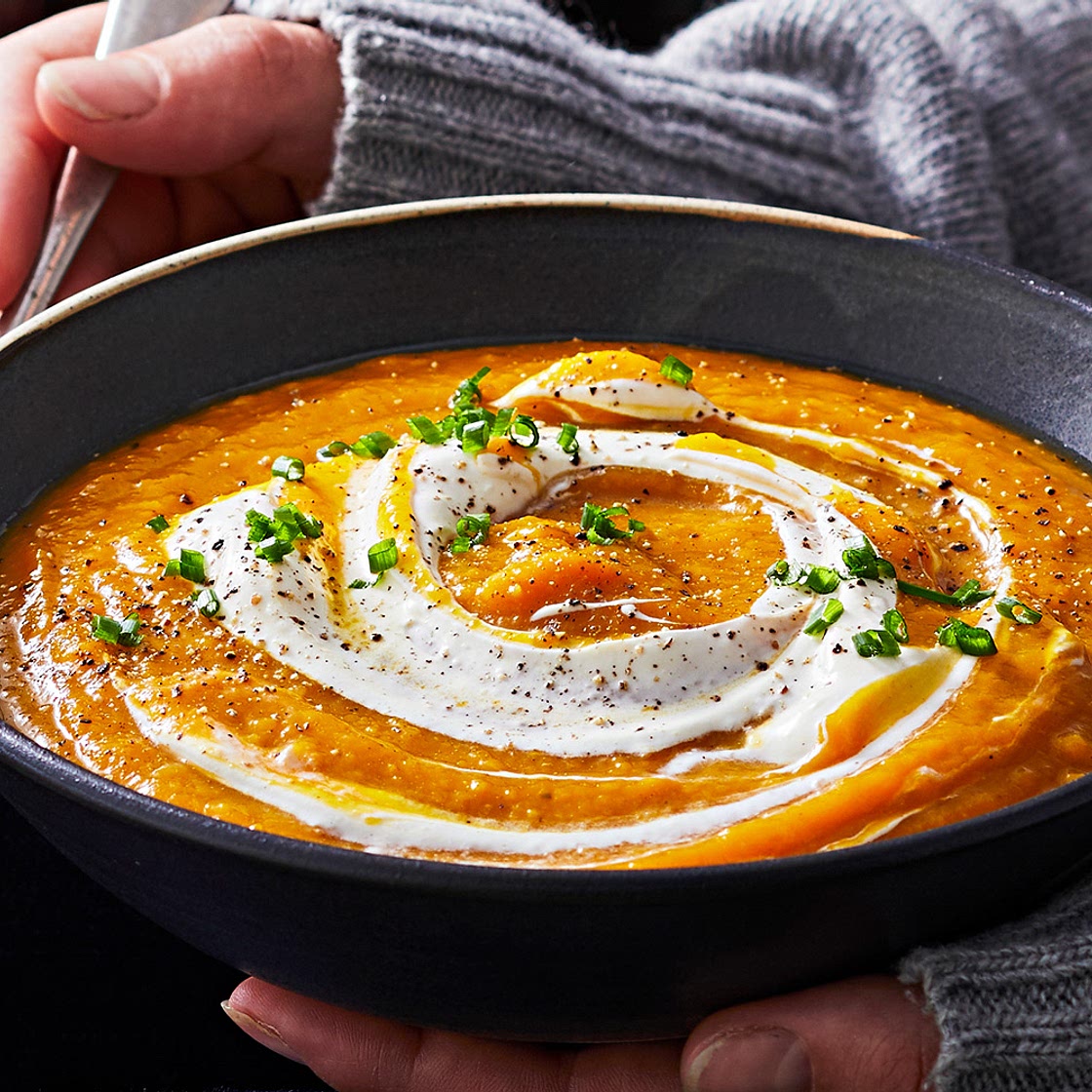 Roast pumpkin soup infused with honey and nutmeg