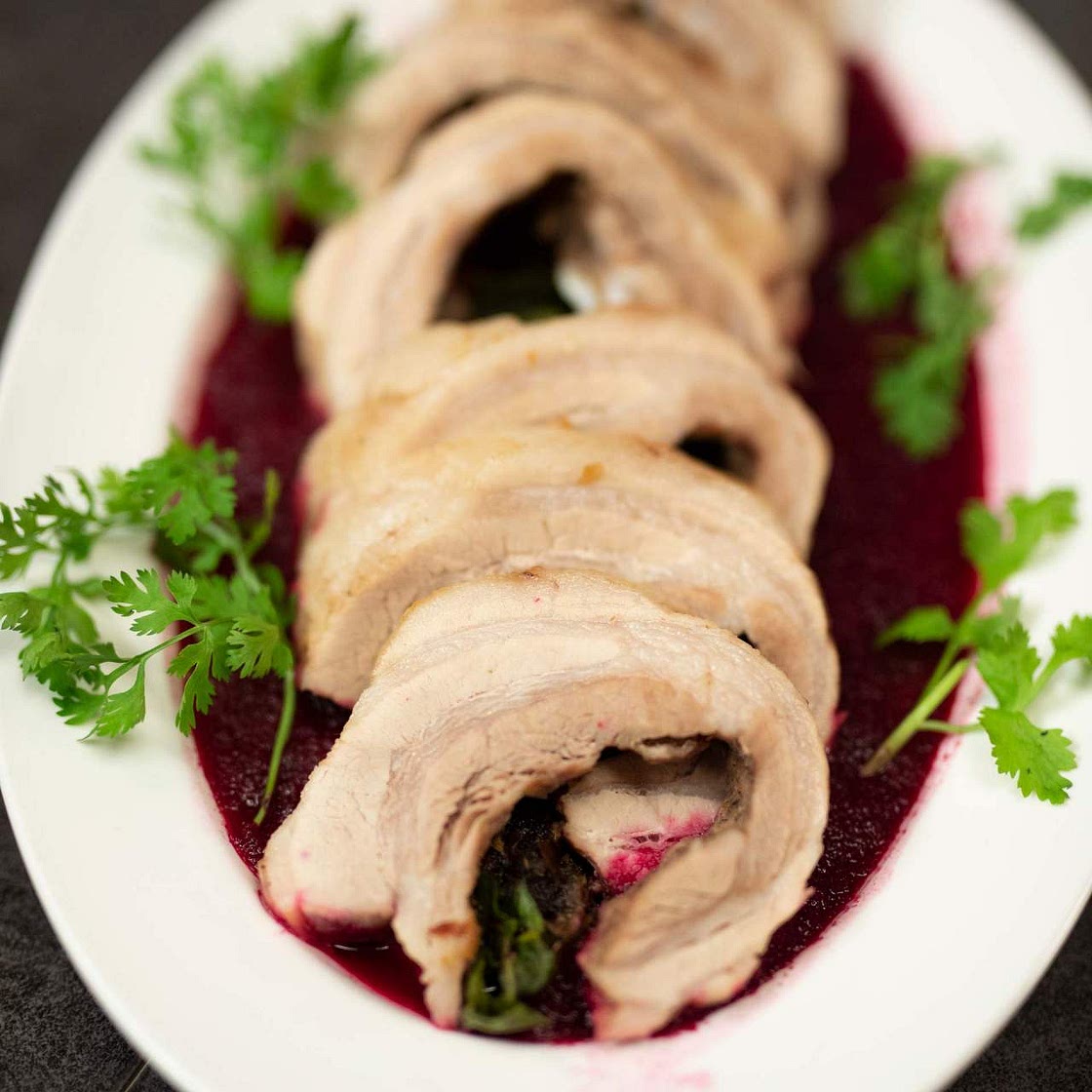 Stuffed Pork with Beetroot and Mango Puree