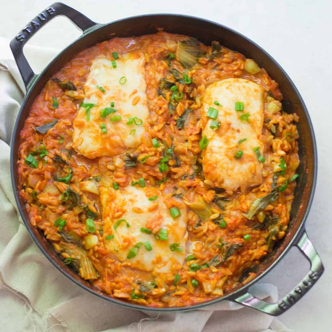 Poached cod with creamy orzo