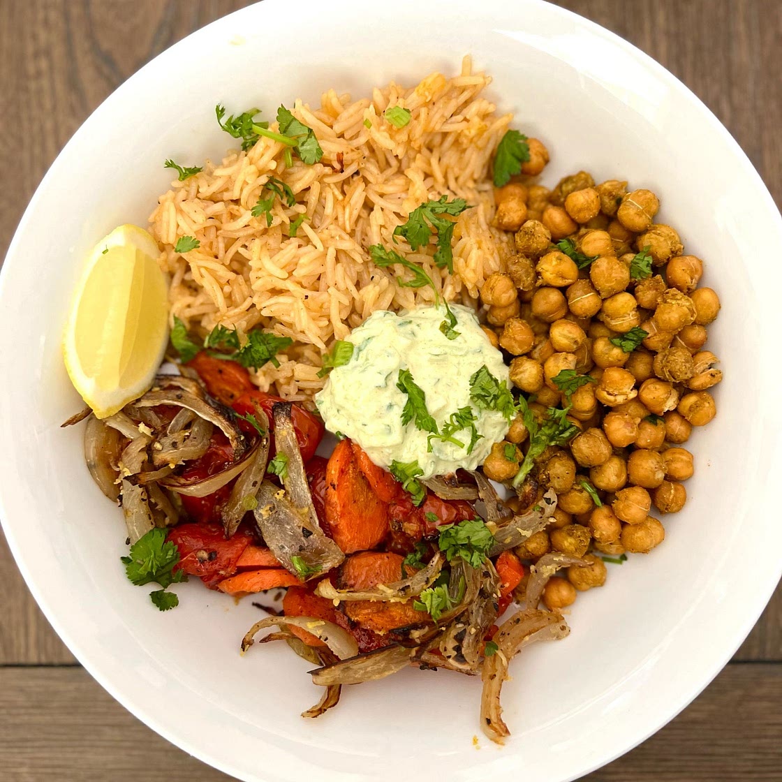 Curry-Spiced Chickpea Bowls with Roasted Veggies, Cucumber Raita & Garlic Basmati Rice
