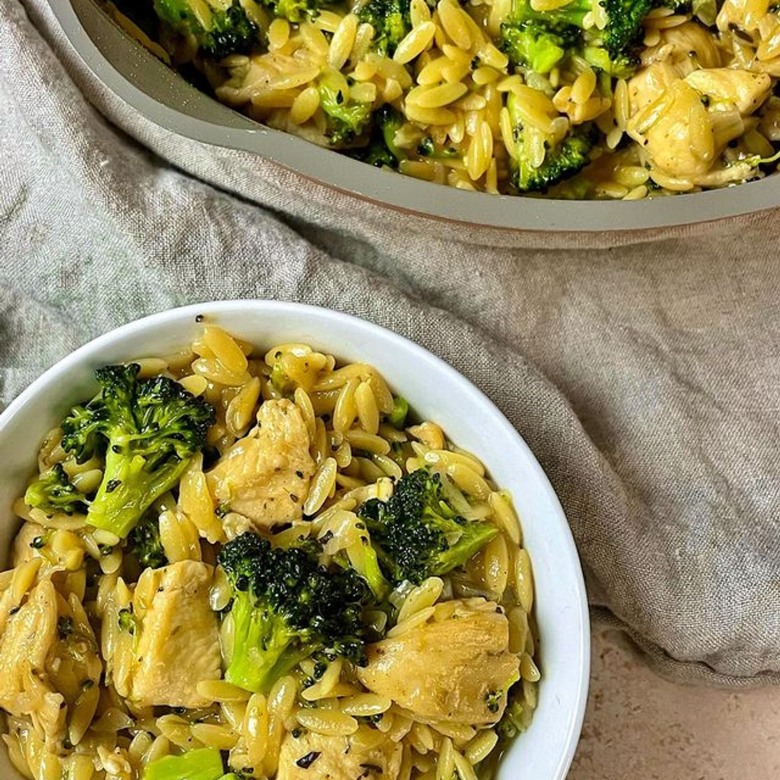 One Pan Broccoli Cheddar Orzo with Chicken