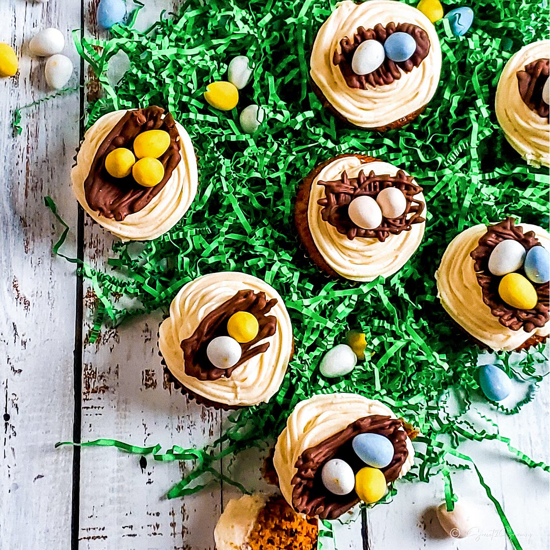 Easter Carrot Cupcakes with Chocolate Eggs and Nest