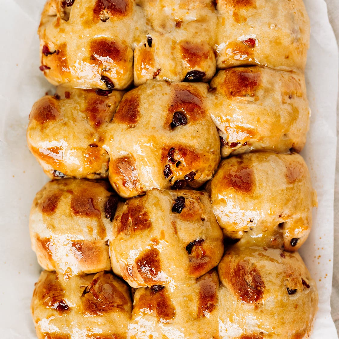 Traditional Hot Cross Buns with an Orange Honey Glaze