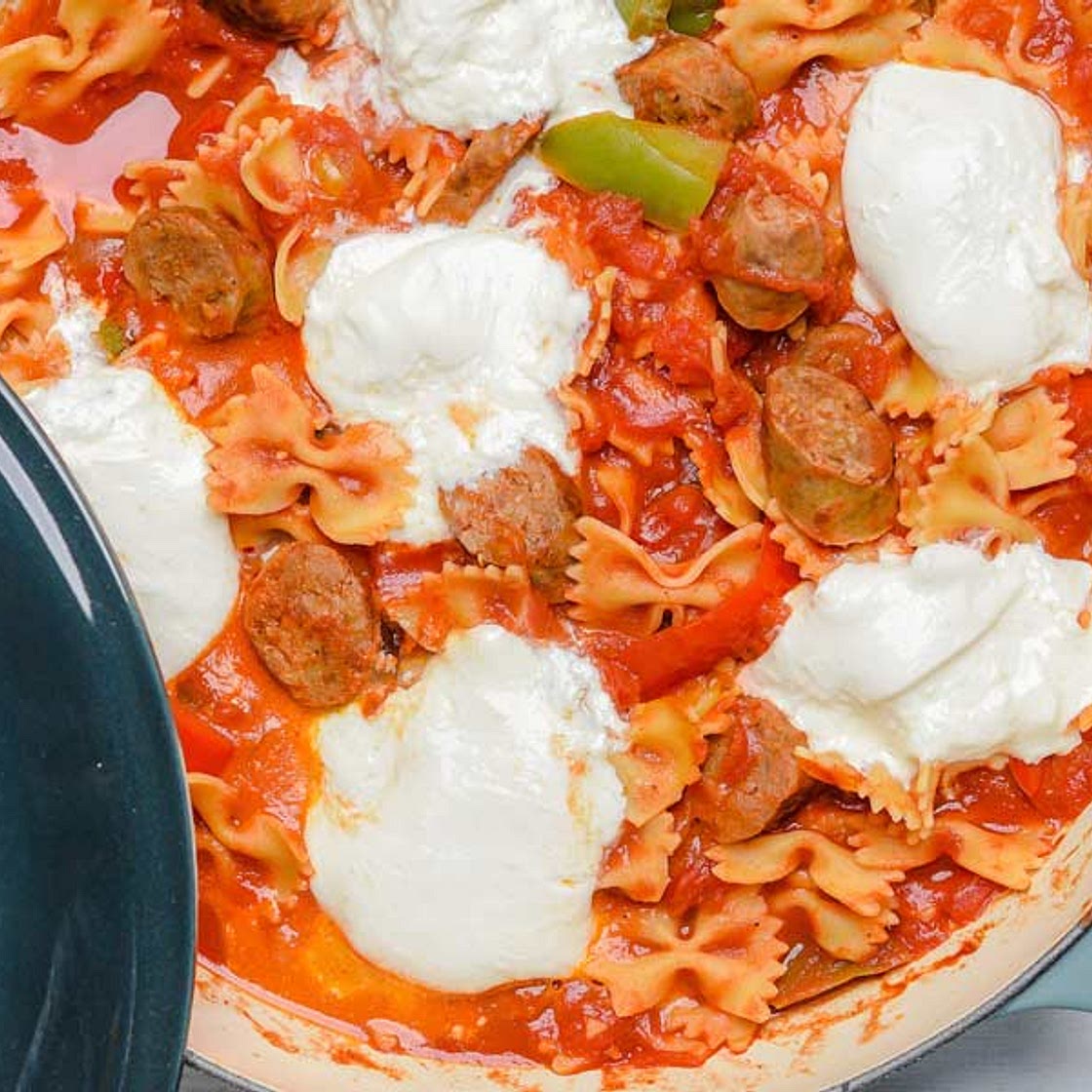 Peppers Sausage and Pasta with Burrata Cheese