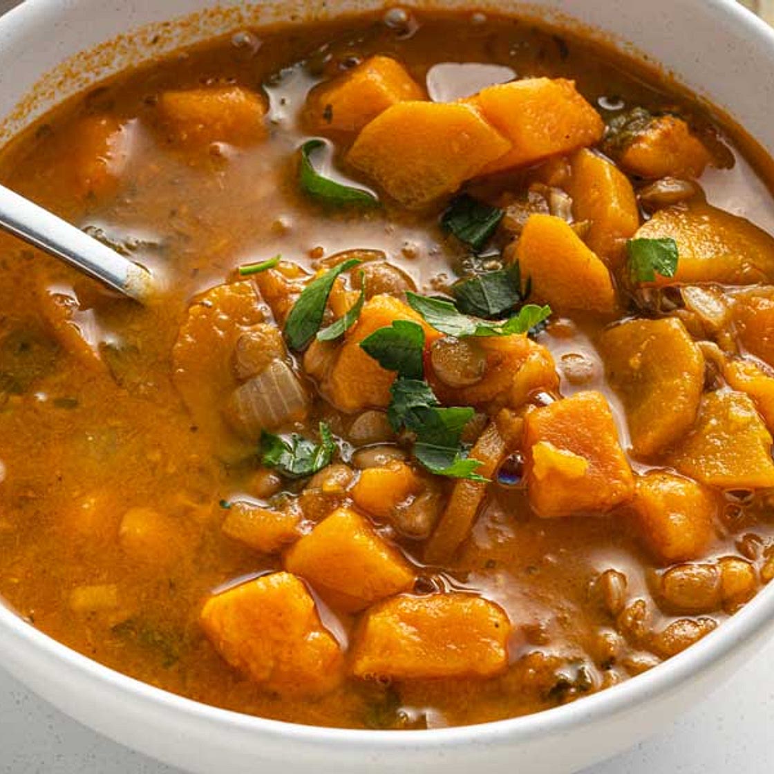 Carrot and Lentil Soup with Sweet Potatoes