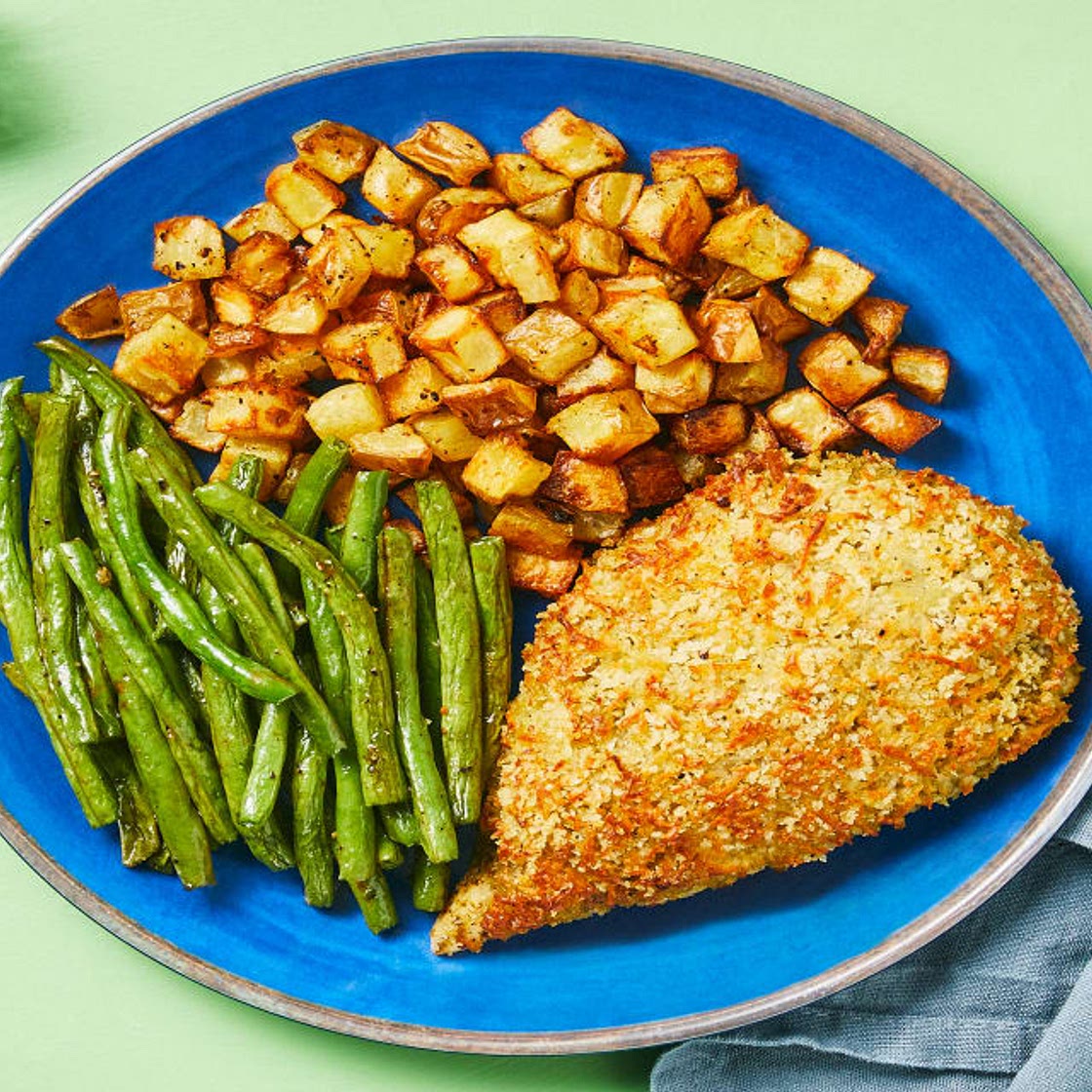 Presto Pesto Panko Chicken with Roasted Potatoes and Green Beans