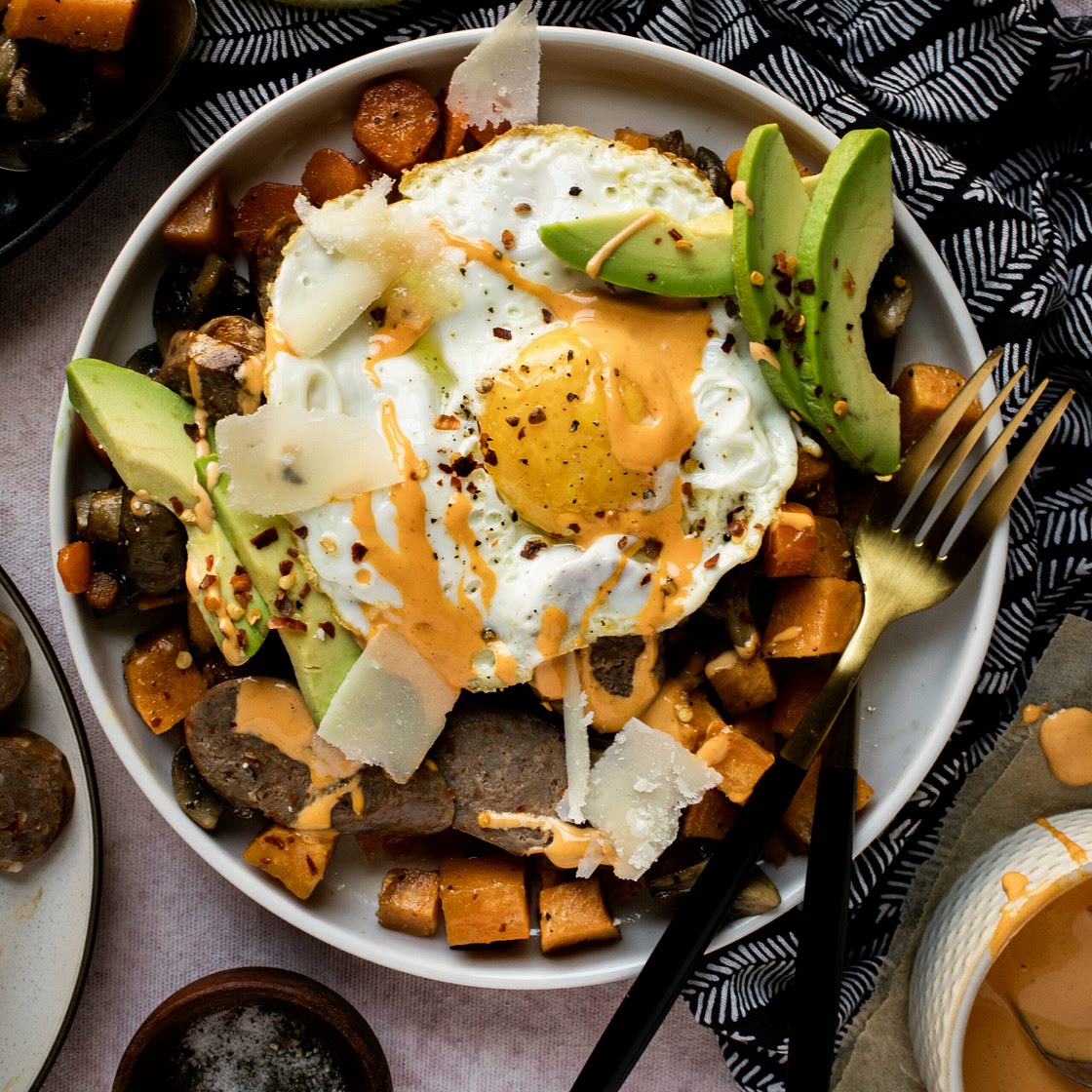 Sweet Potato Lunch Bowl with Italian Sausage, Mushrooms & Spicy Aioli