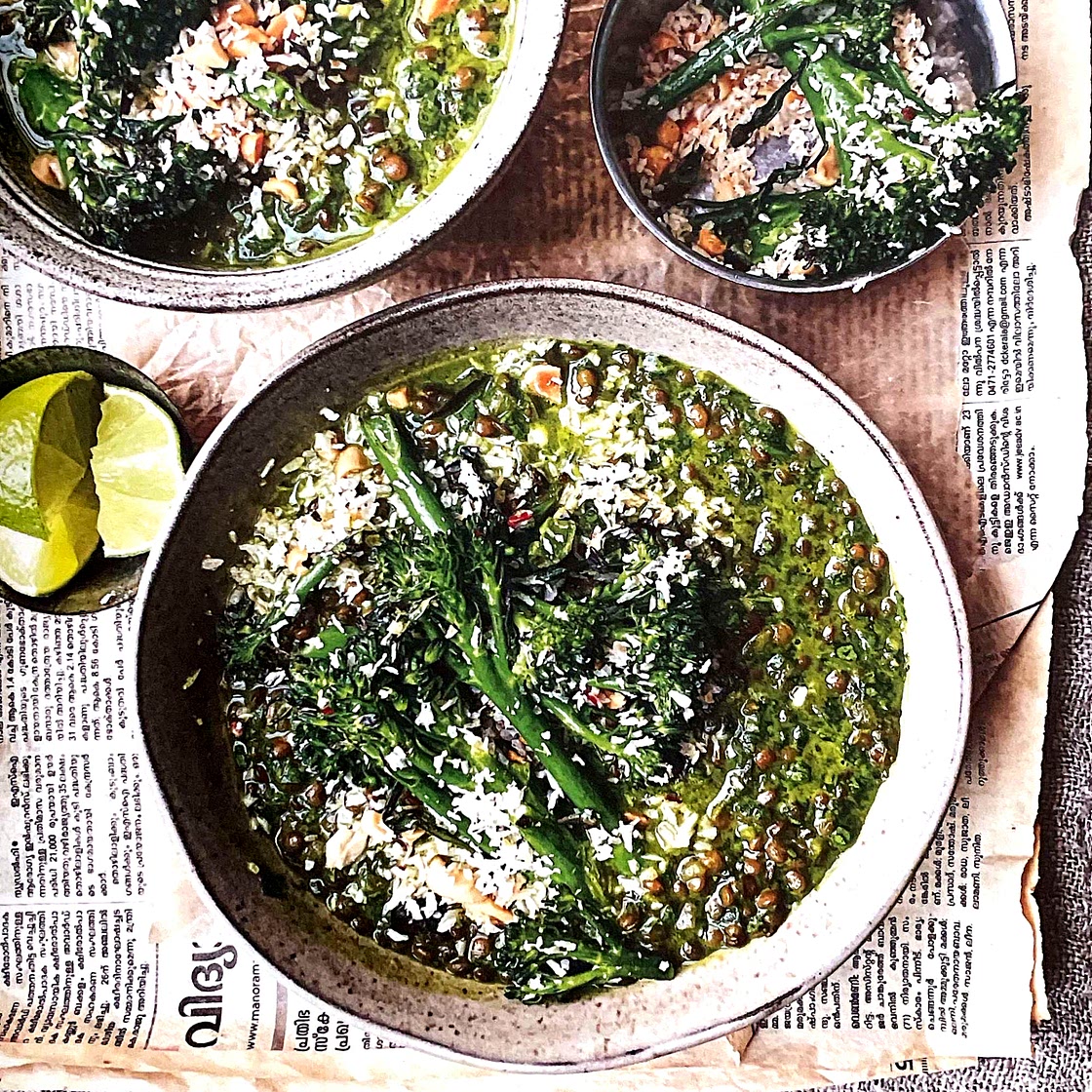 Spinach and Tamarind Green Lentil Bowl with Broccoli and Coconut