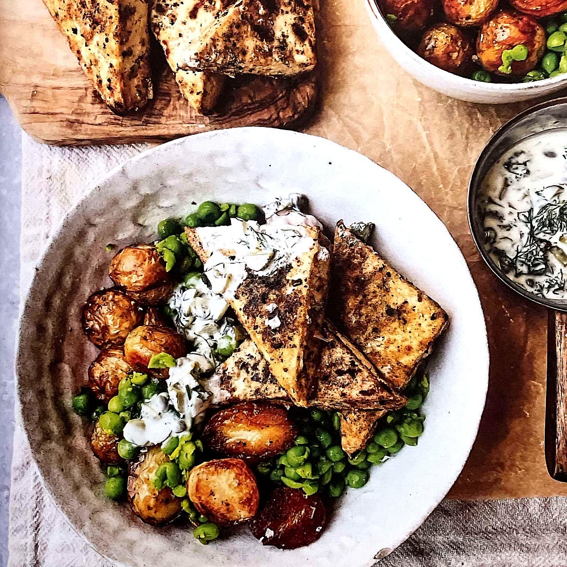 Salt and Pepper Tofu with Crispy Baby Potatoes, Crushed Peas and Tartar Sauce