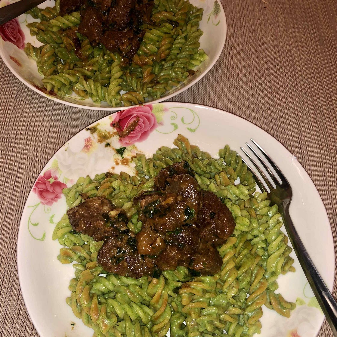 Avocado Pasta with Roasted Garlic Butter Steak Bites