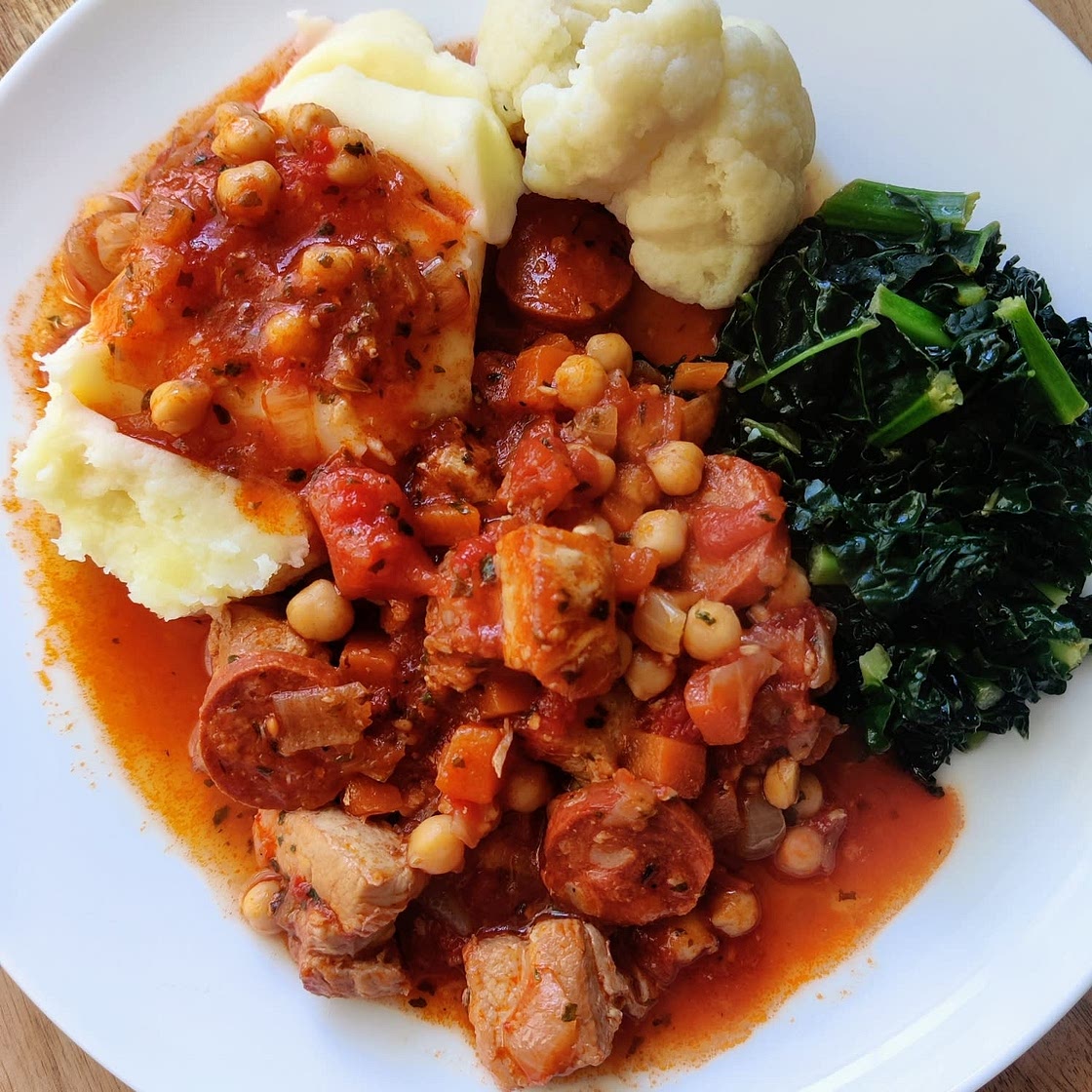 Chorizo, pork belly & chickpea casserole
