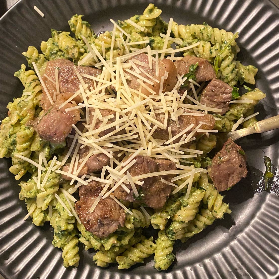 Avocado Pasta with Roasted Garlic Butter Steak Bites