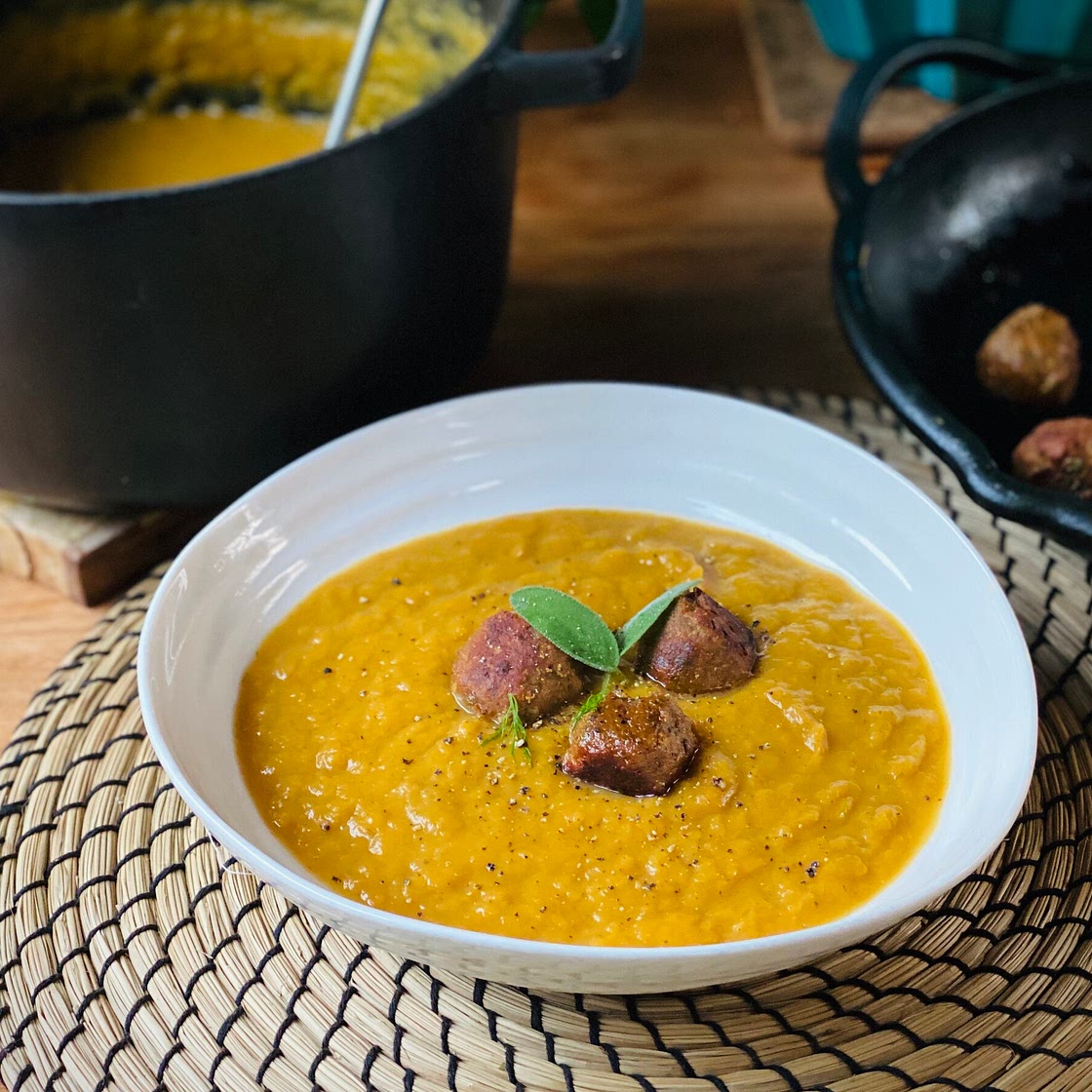 BUTTERNUT SQUASH AND FENNEL SOUP WITH PAN-FRIED SAGE CHICKPEA DUMPLINGS — Jasmine Hemsley