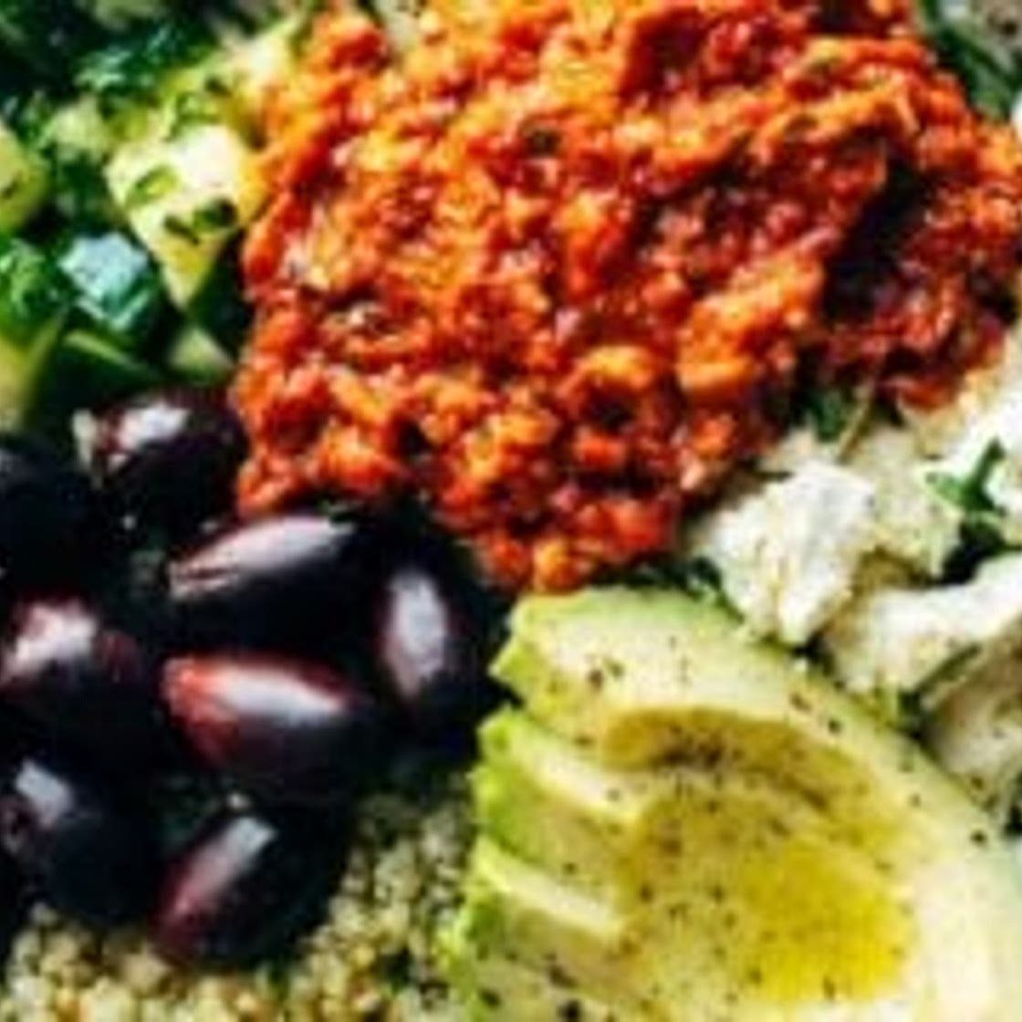 Mediterranean Quinoa Bowls with Roasted Red Pepper Sauce