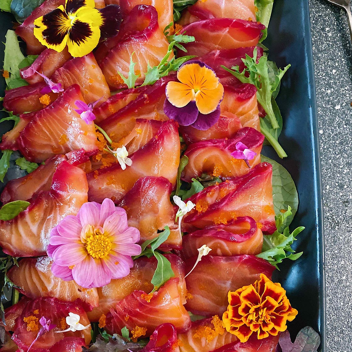 Beetroot Cured Salmon Salad with Black Fish Roe