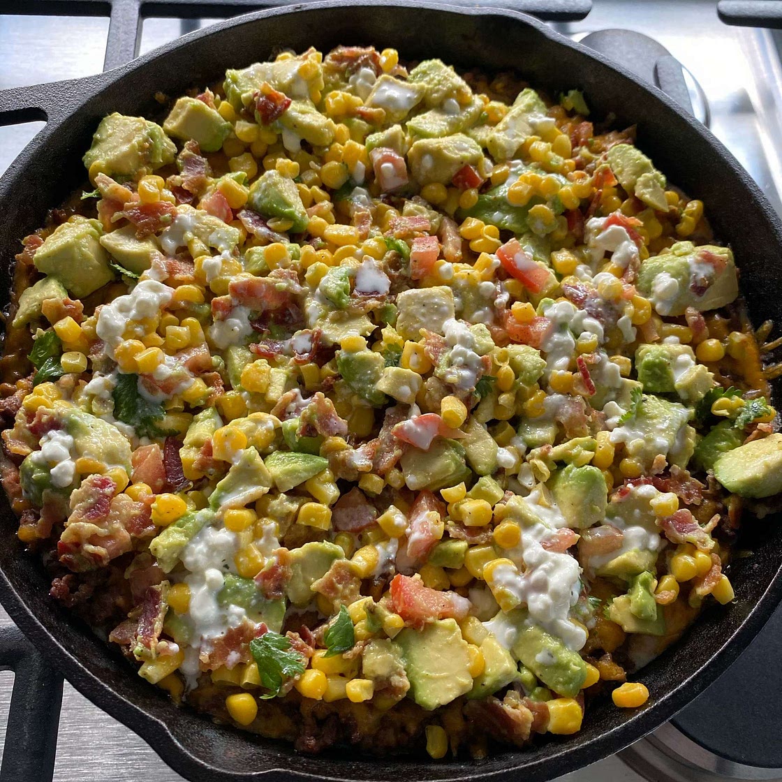 Ranch Taco Dip with Fresh Corn Avocado Bacon Salsa