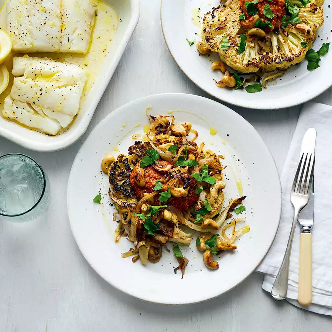 Cauliflower steaks with onion & cashew sauce