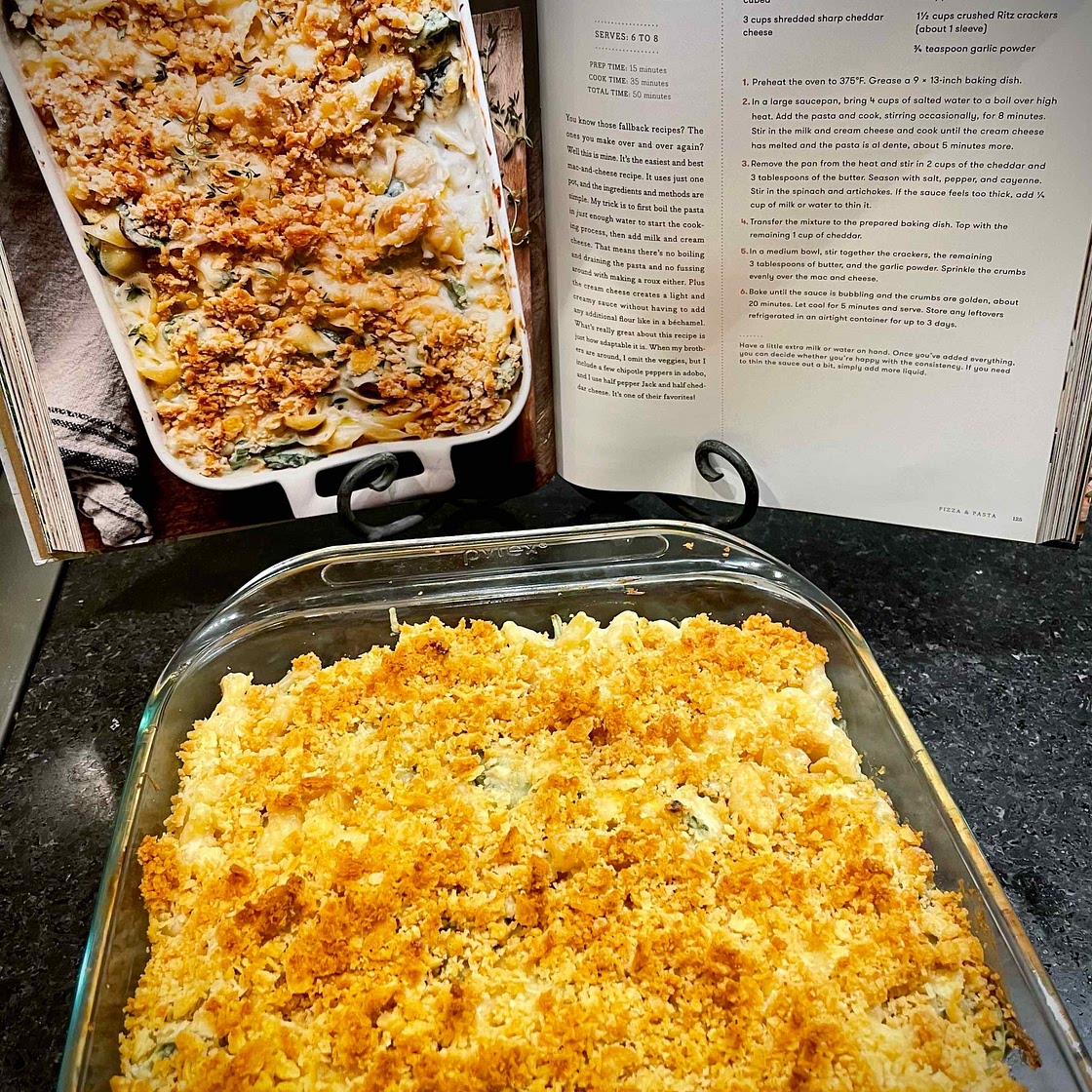 One Pot Baked Spinach and Artichoke Mac and Cheese