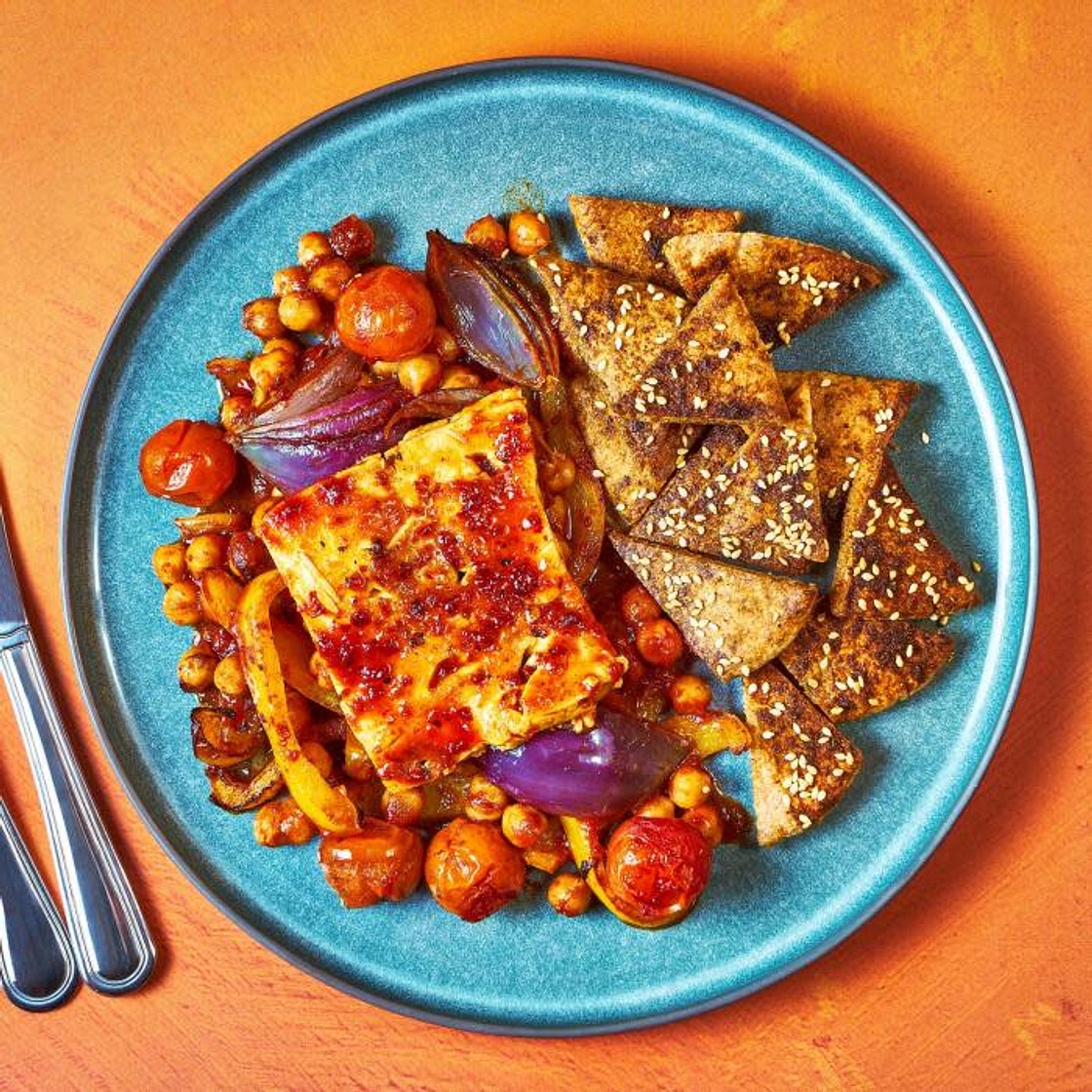 Spiced Chickpea Tray Bake With Harissa-Honey Greek Cheese