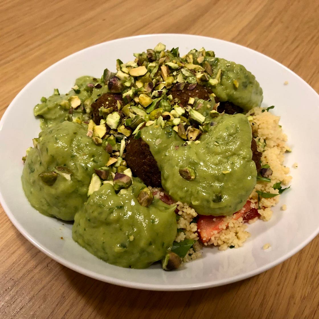 5. Felafel Couscous Bowls with Avocado and Herb Sauce