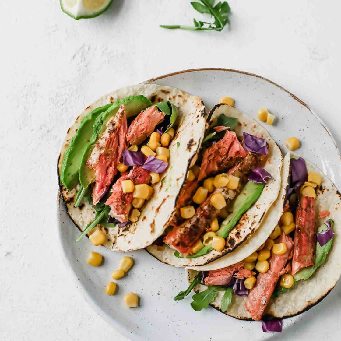 Spicy Salmon Tacos w/ Avocado Lime Dressing