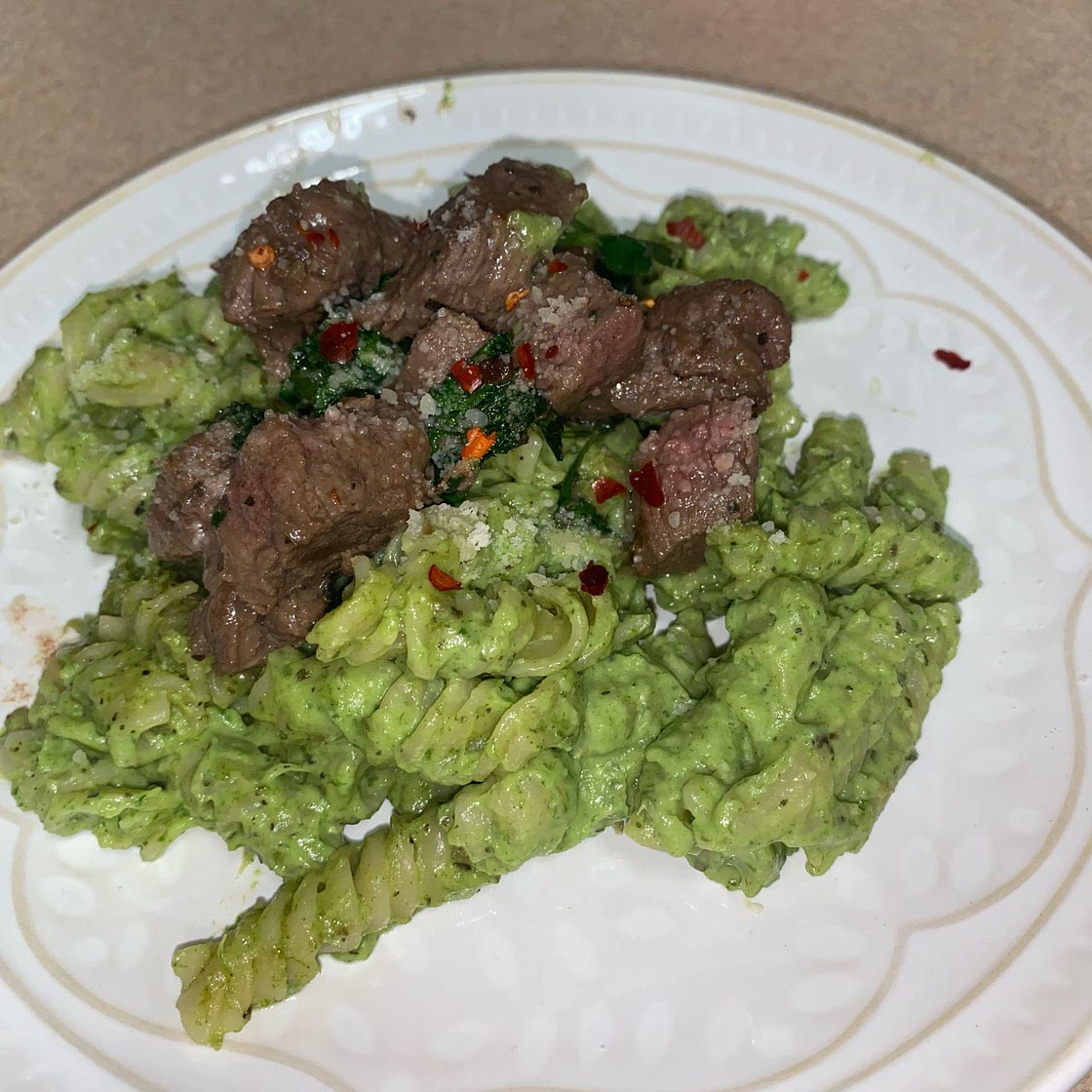 Avocado Pasta with Roasted Garlic Butter Steak Bites