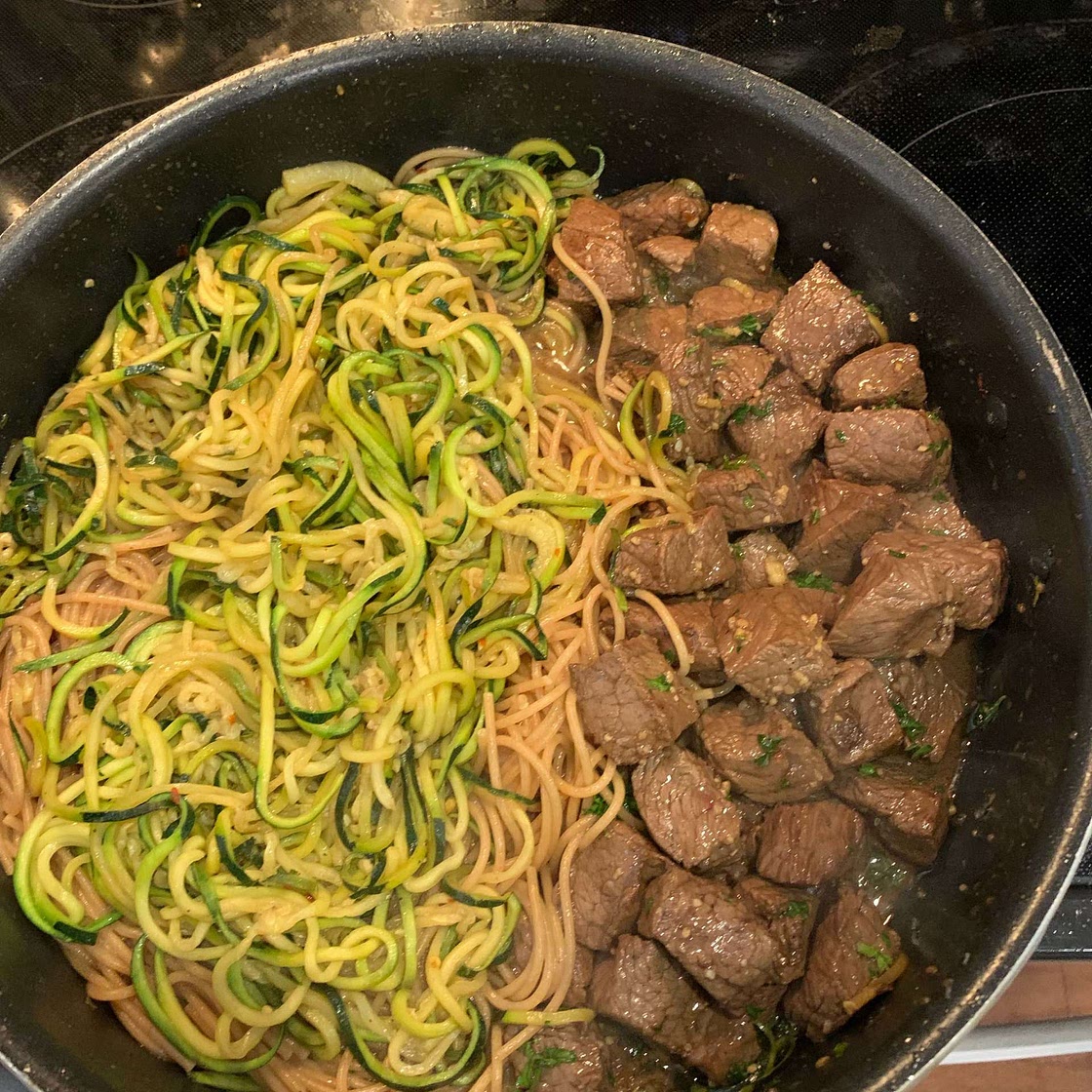Garlic Butter Steak Bites with Lemon Zucchini Noodles