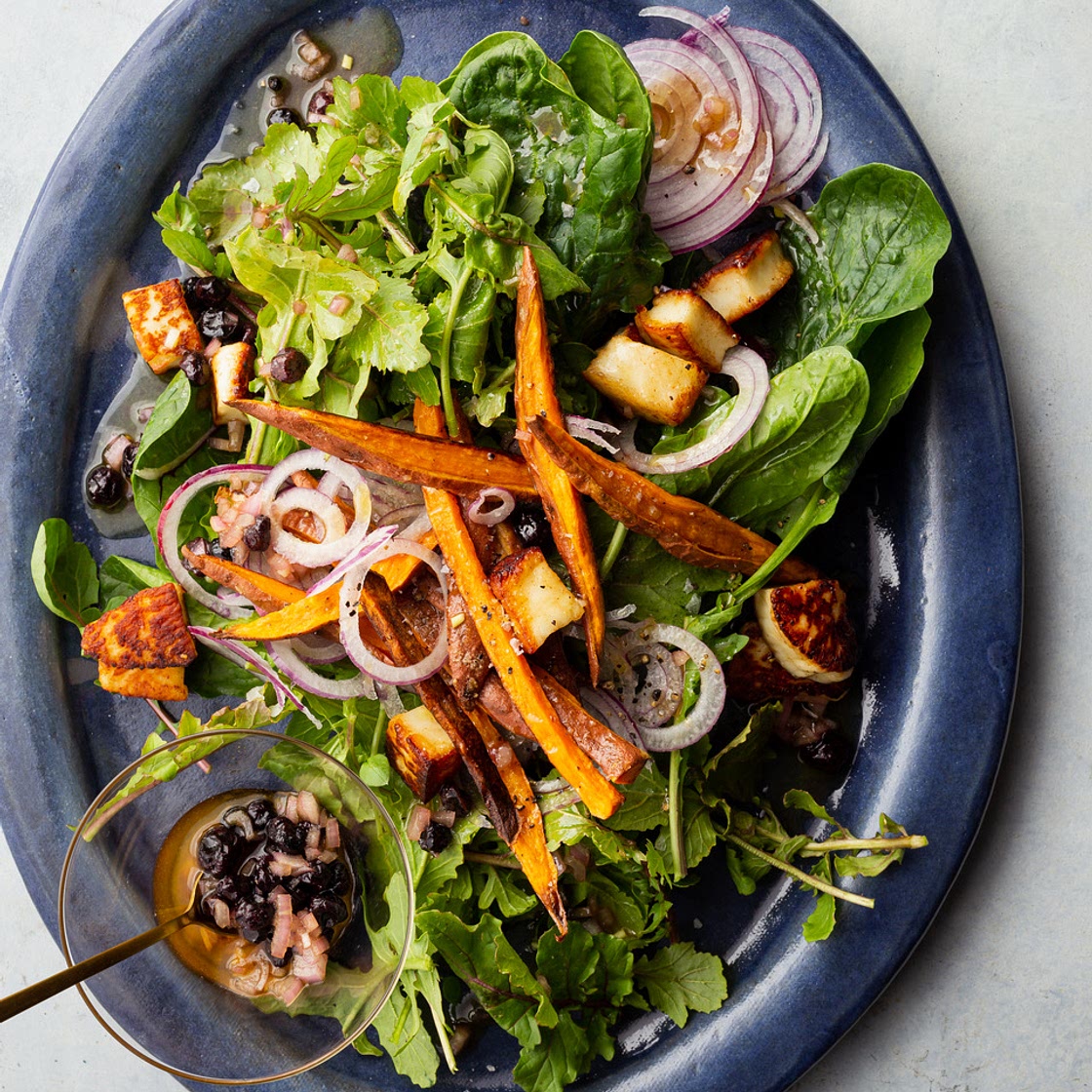 Haloumi + Sweet Potato Salad with Blueberry Vinaigrette by Danielle Renov | Salt + Spine Recipe