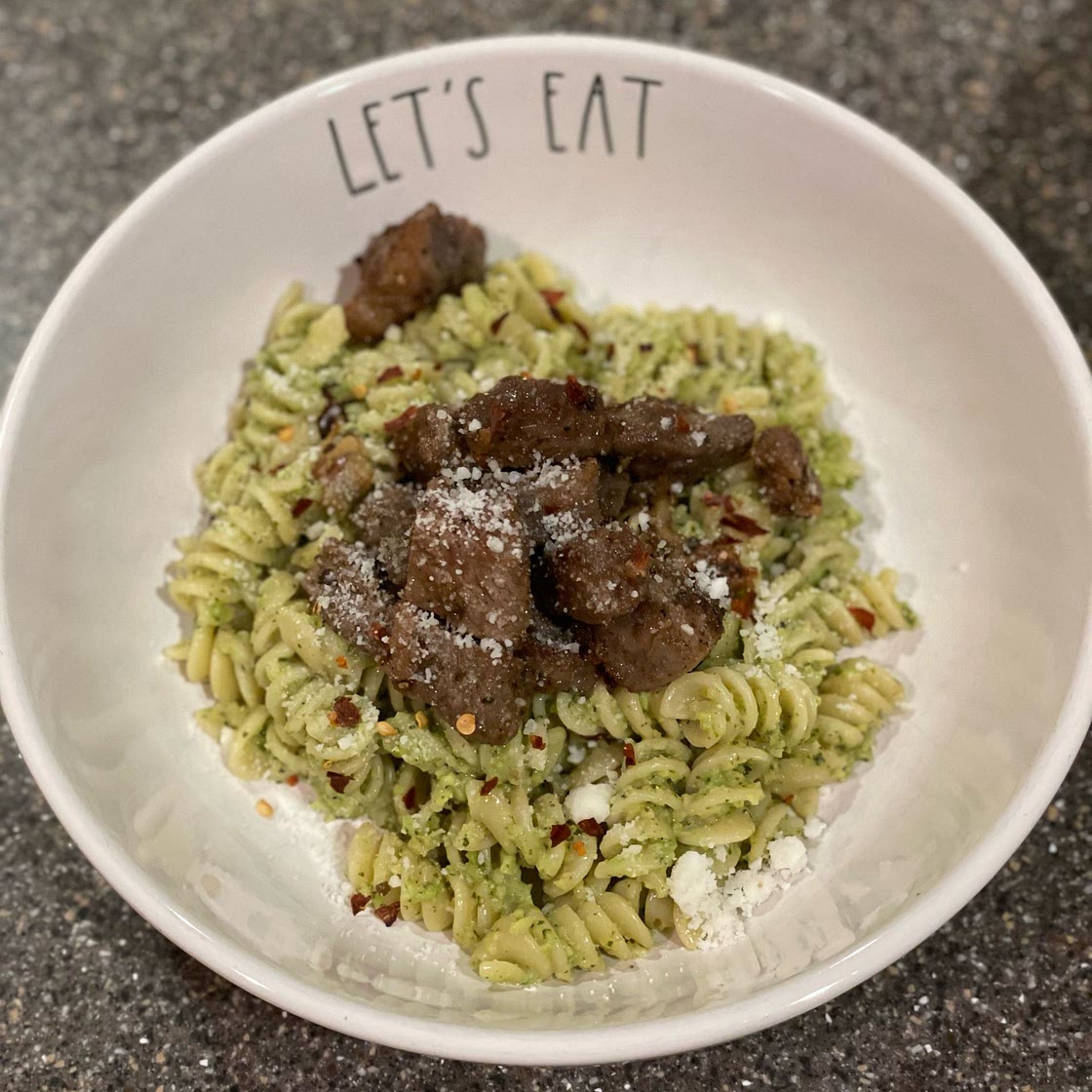Avocado Pasta with Roasted Garlic Butter Steak Bites