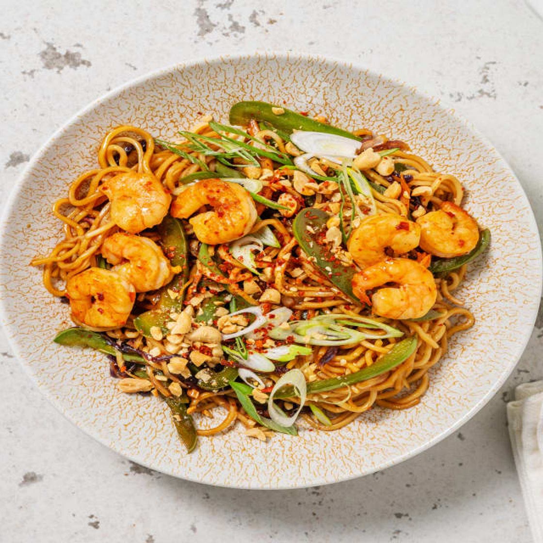 Soy and Chilli Prawns with Teriyaki Veg, Noodles and Peanuts