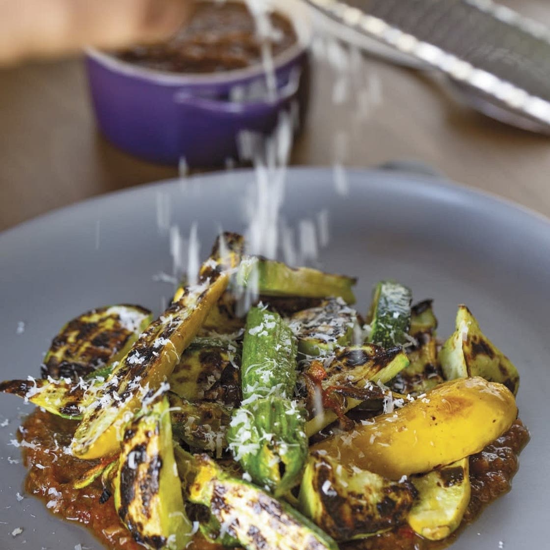 Grilled Summer Squash with Charred Tomato Sauce and Parmesan