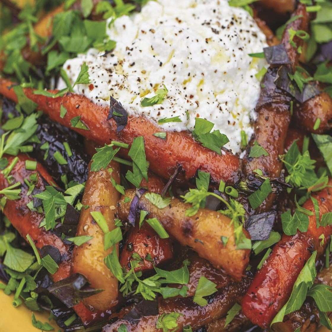 Coal-Roasted Carrots with Ricotta, Herbs, and Black Pepper Honey