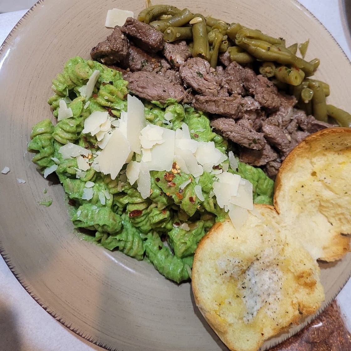 Avocado Pasta with Roasted Garlic Butter Steak Bites