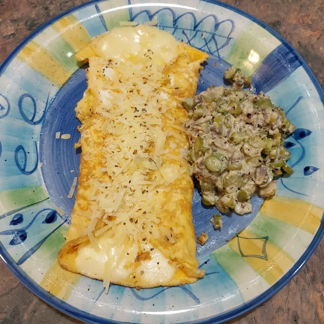 Mozzarella and Basil Omelette with Asparagus and Shiitake Mushrooms