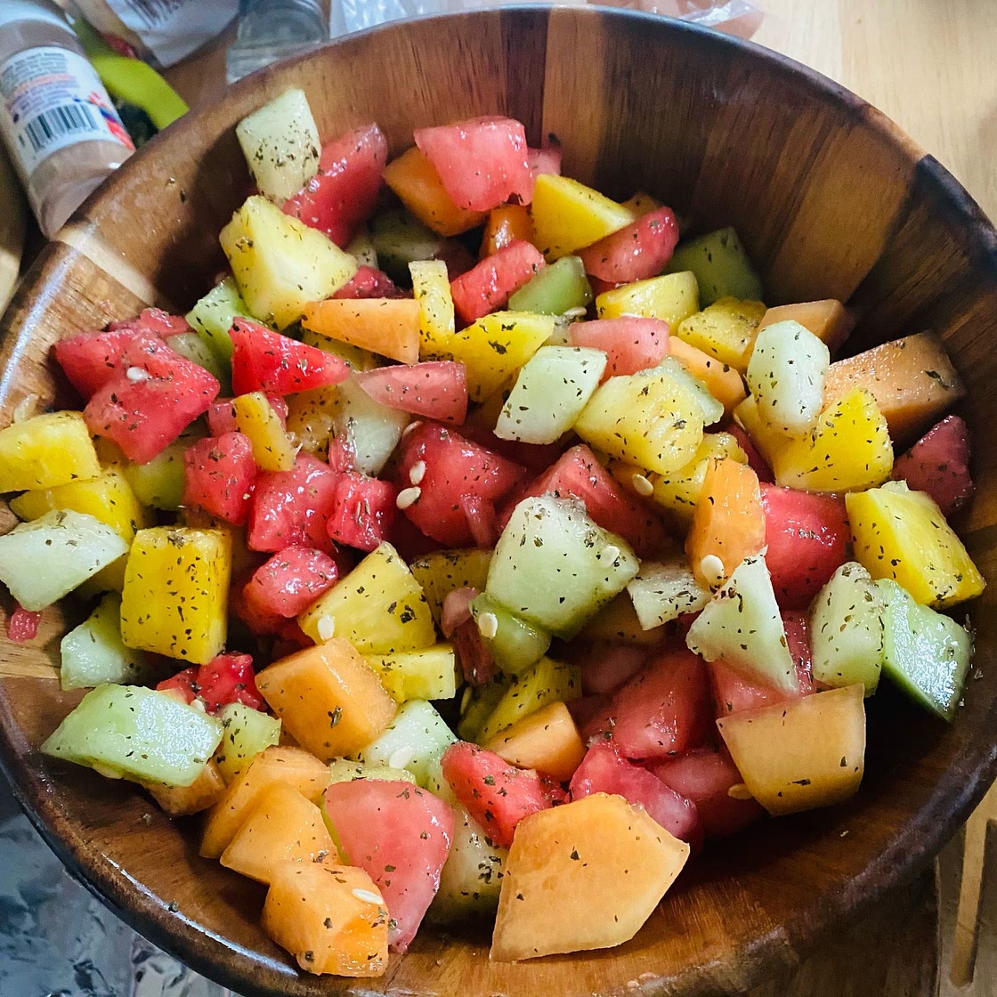 Melon Fruit Salad with Honey, Lime and Mint Dressing