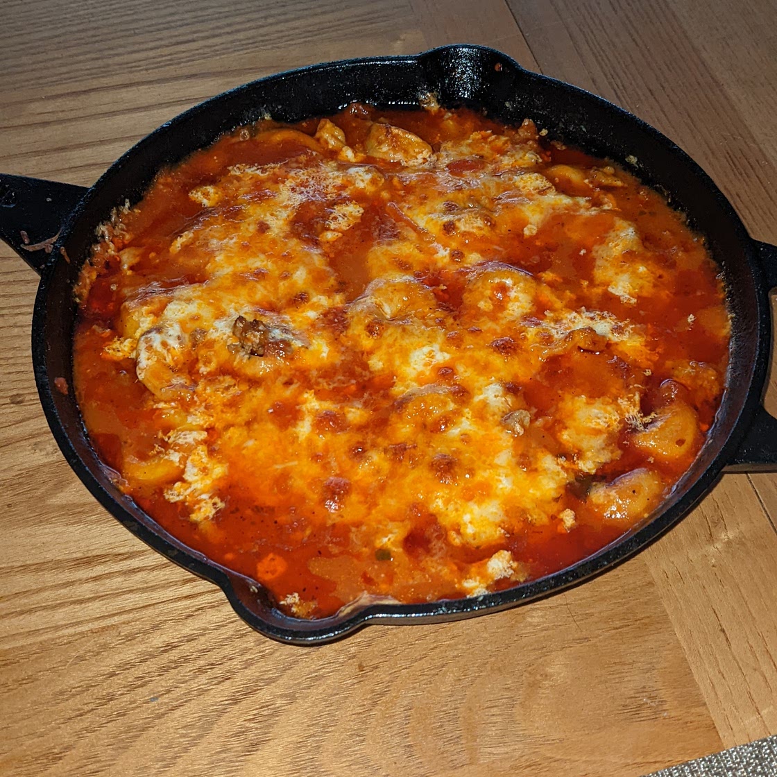 Baked Tortelloni Parm with Hot Sausge