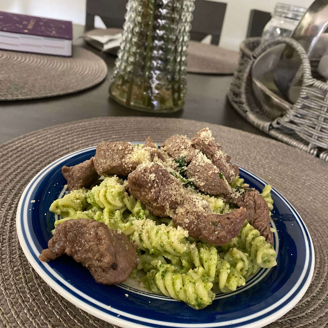 Avocado Pasta with Roasted Garlic Butter Steak Bites