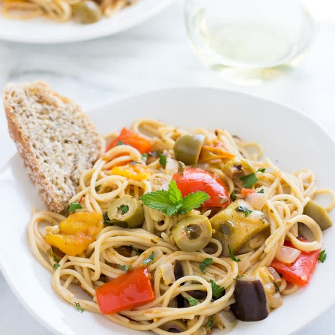 Chia Seed Pasta with Caponata Sauce, Pumpkin Seed Pesto, & Broccoli