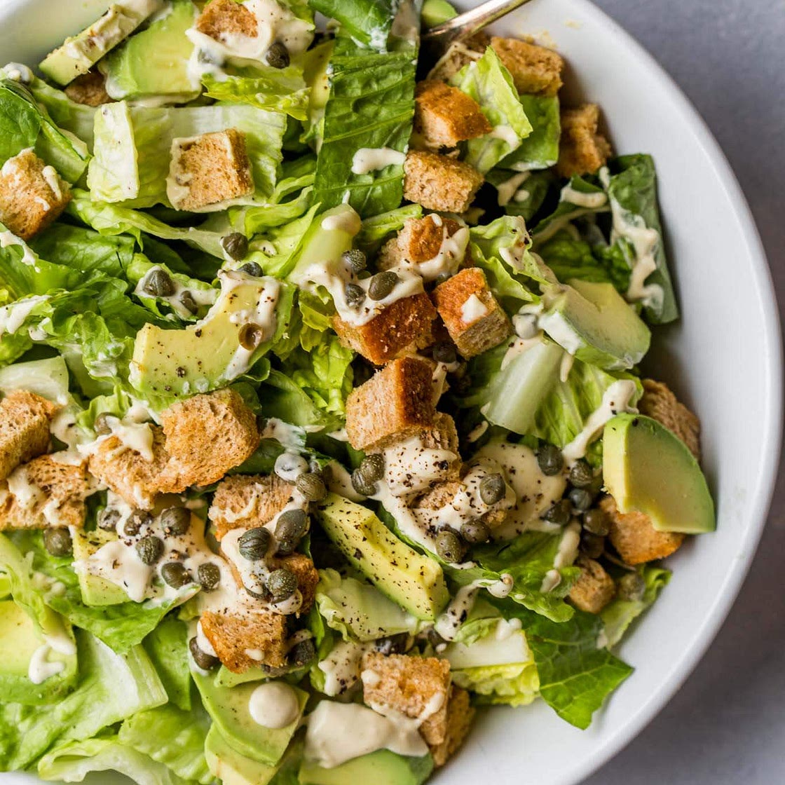 Vegan Cesar Salad, Chickpea Croutons, Cashew Parmesan, Grilled Tempeh