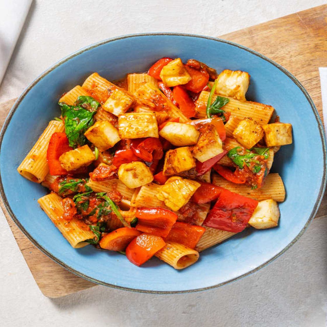 Halloumi and Roasted Pepper Rigatoni with Roasted Garlic Tomato Sauce and Baby Spinach