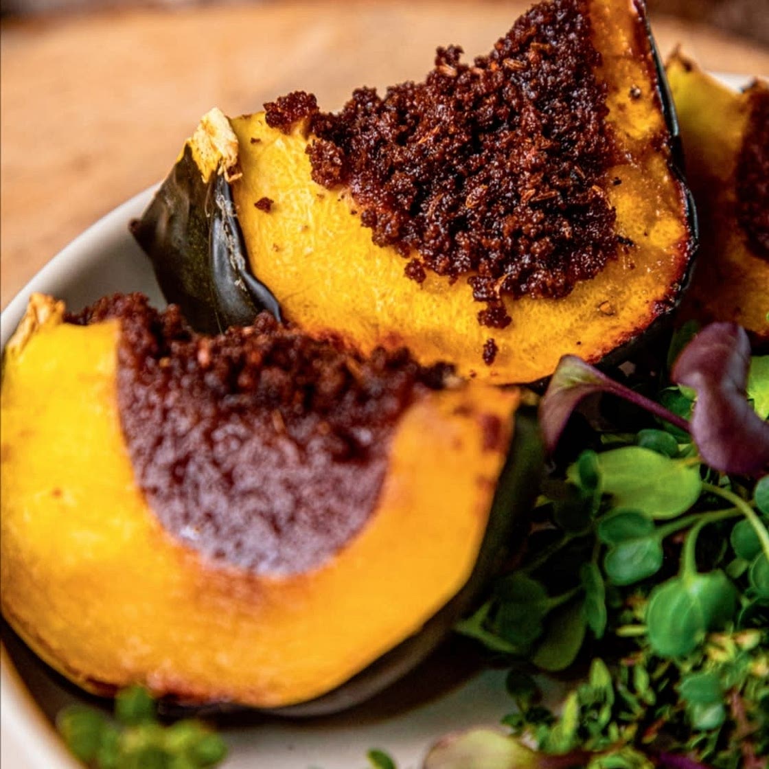 BAKED ACORN SQUASH CARAWAY APPLESAUCE, RYE CRUST