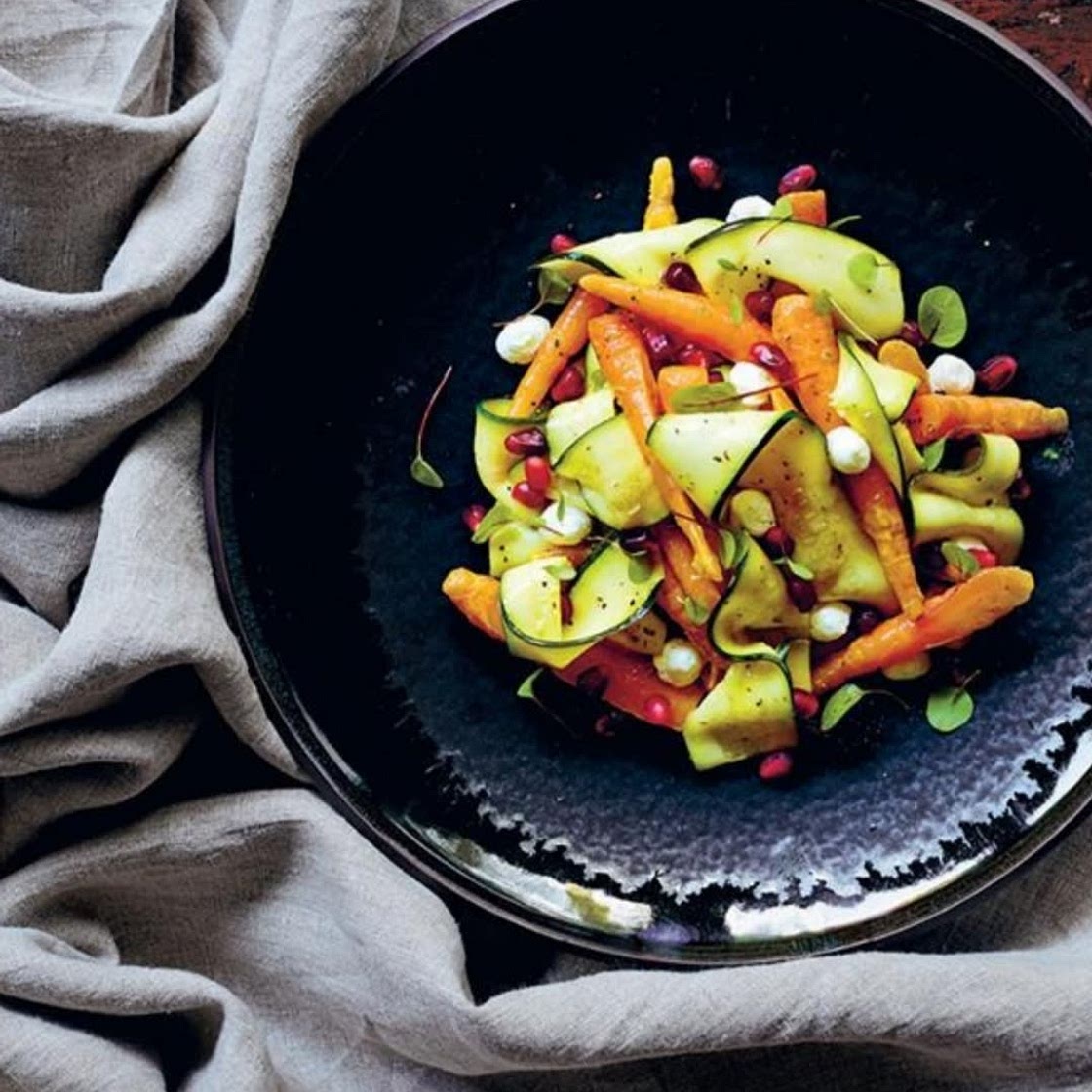BABY CARROTS WITH ZUCCHINI, GOAT’S CURD, POMEGRANATE & TARRAGON DRESSING