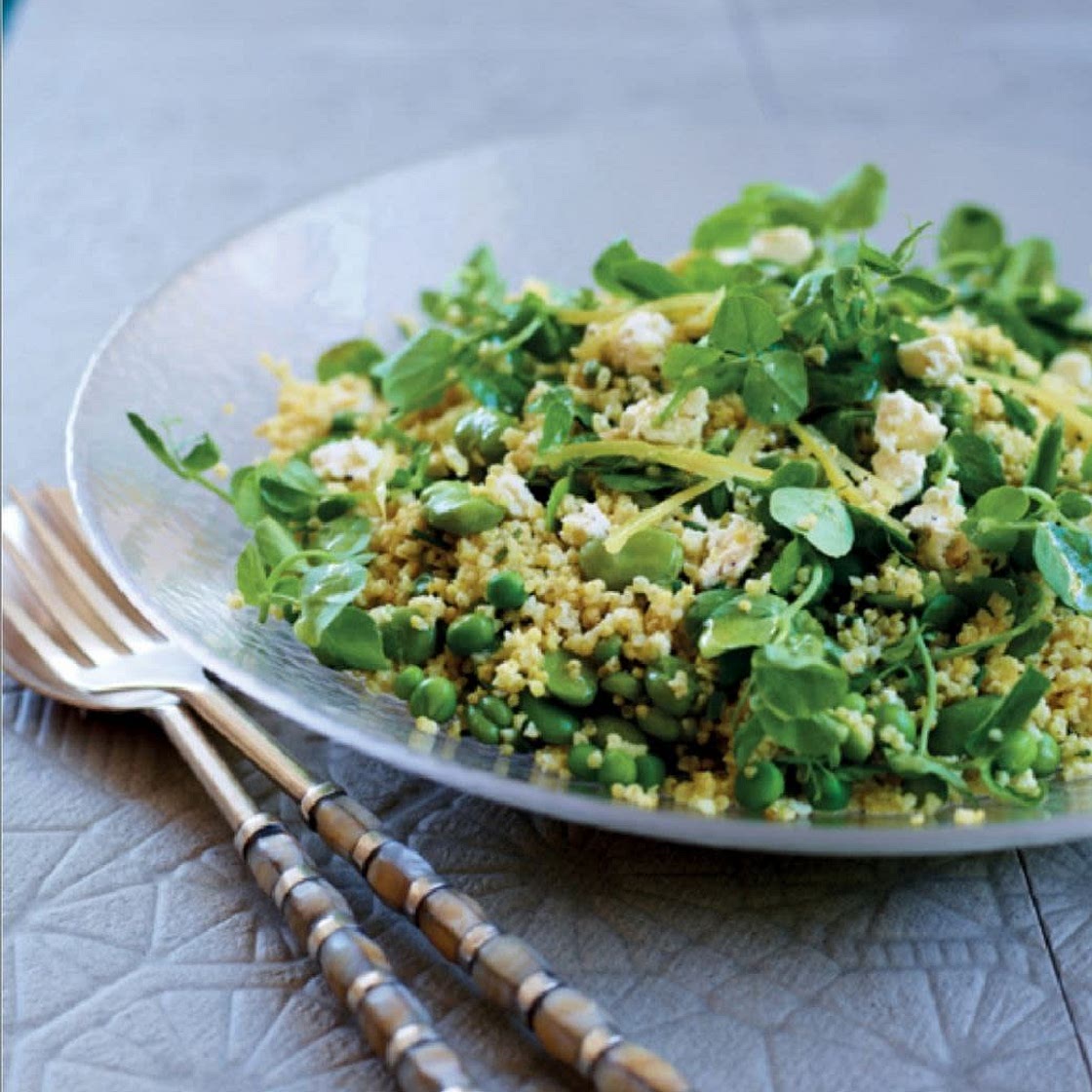 Millet, fava beans & peas with marinated feta