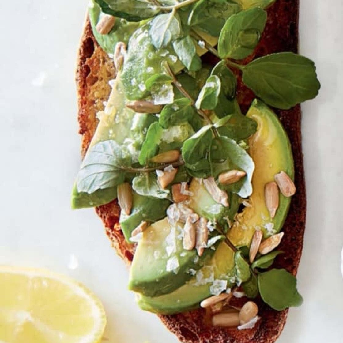 avocado toasts with watercress,  sunflower seeds & flaky  sea salt
