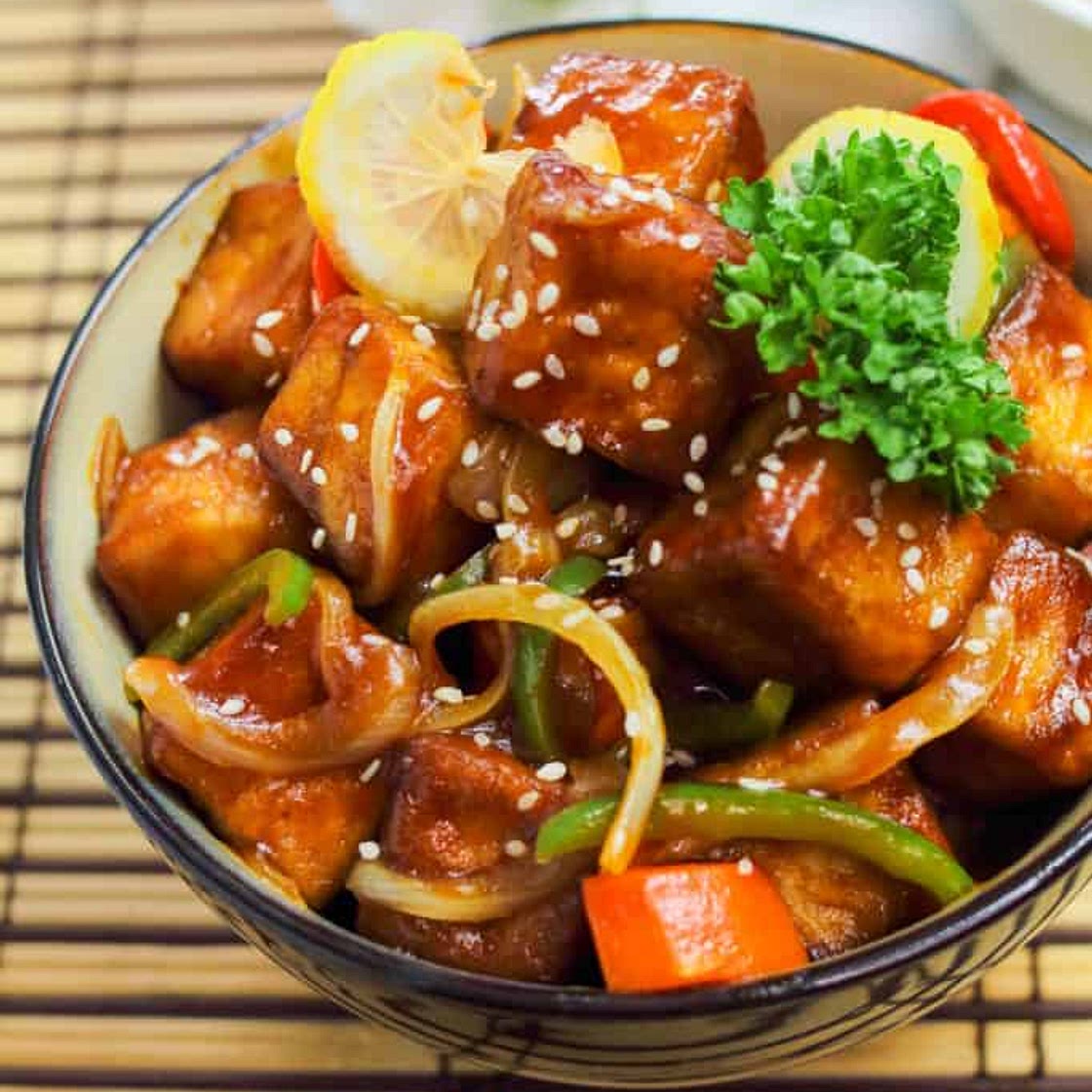 Sweet & Sour Tofu with Black Rice & Baked Potato