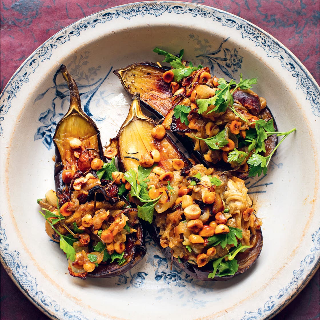 AUBERGINE, HAZELNUTS, ONIONS