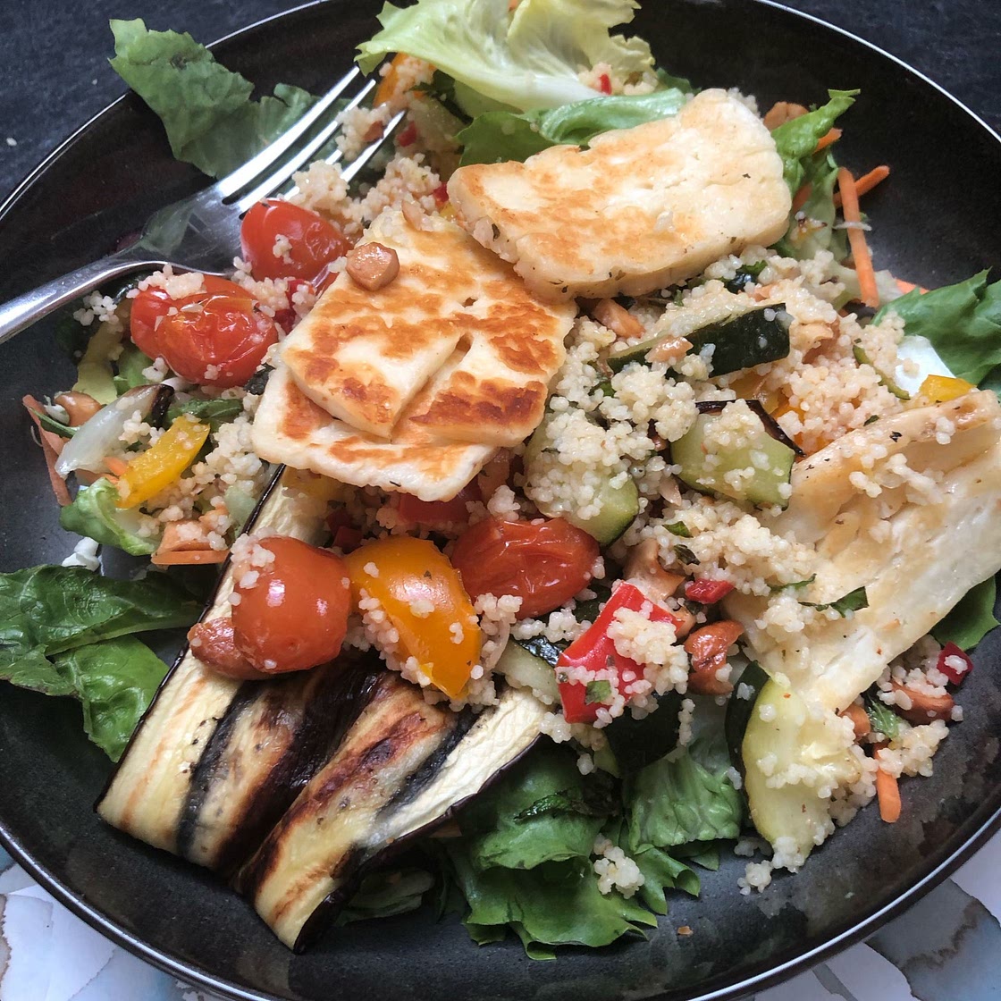 Halloumi and aubergine with minted couscous