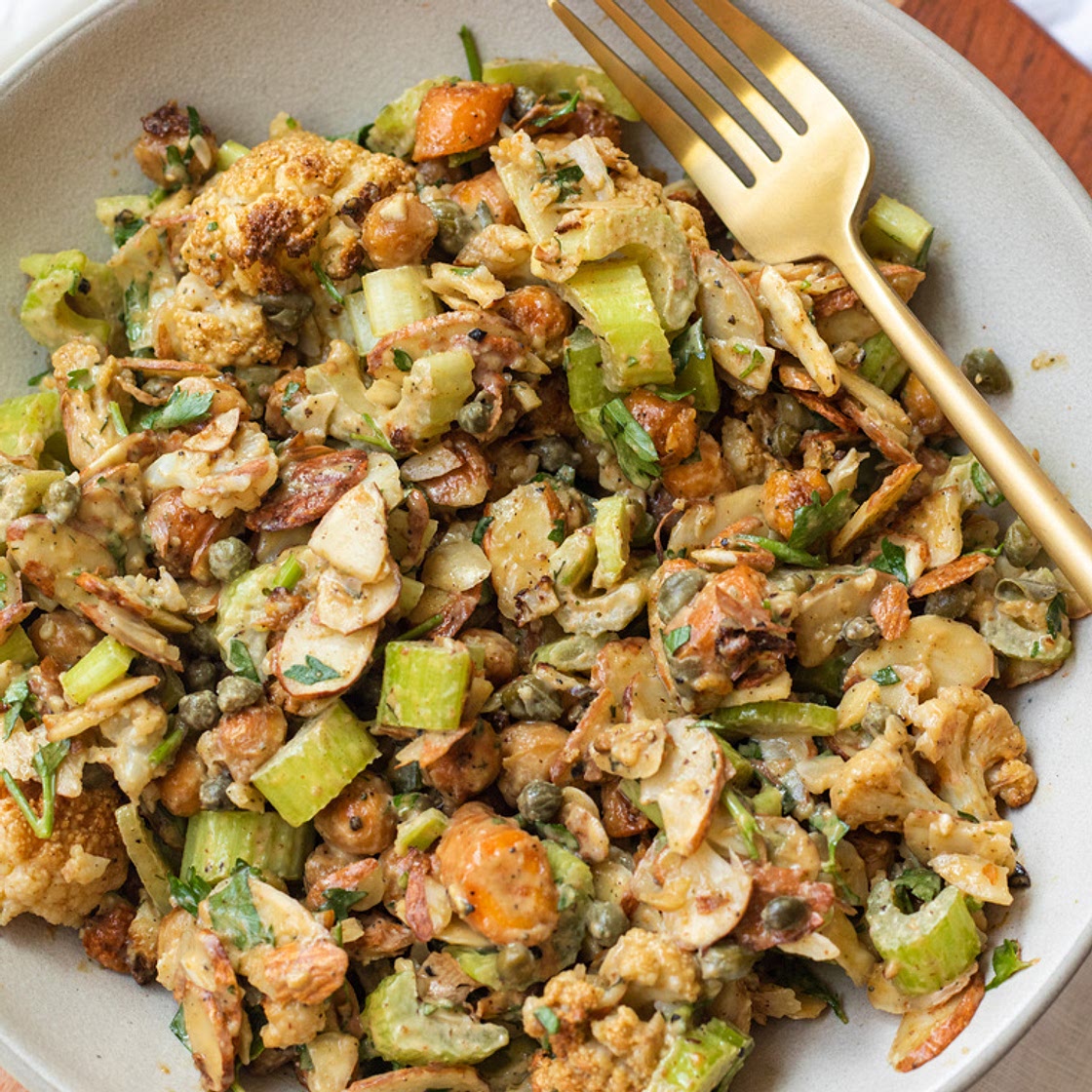 Roasted cauliflower crunch salad with Lemon Tahini Dressing (vegan)