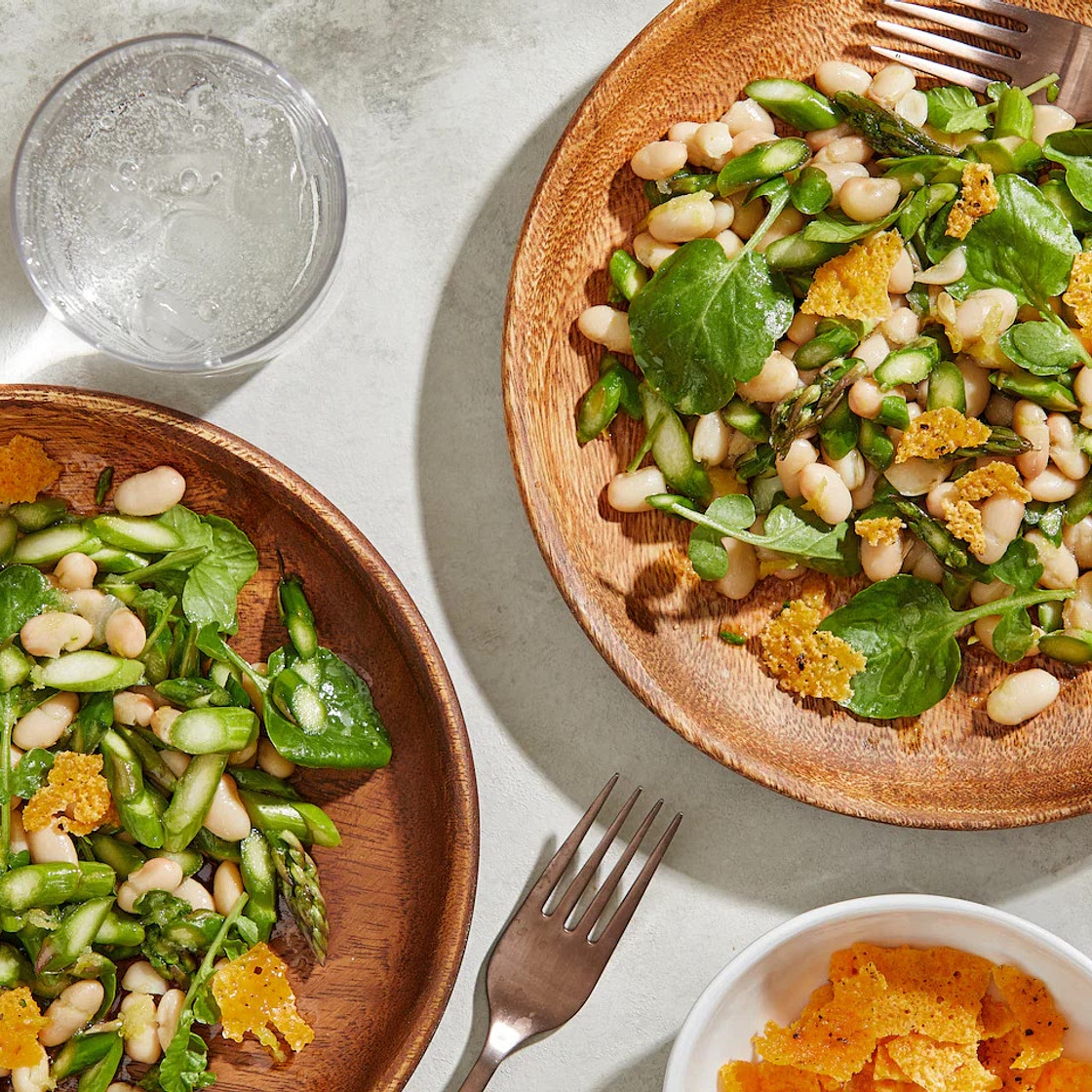 Crisped fried cheddar crowns this fresh asparagus and bean salad