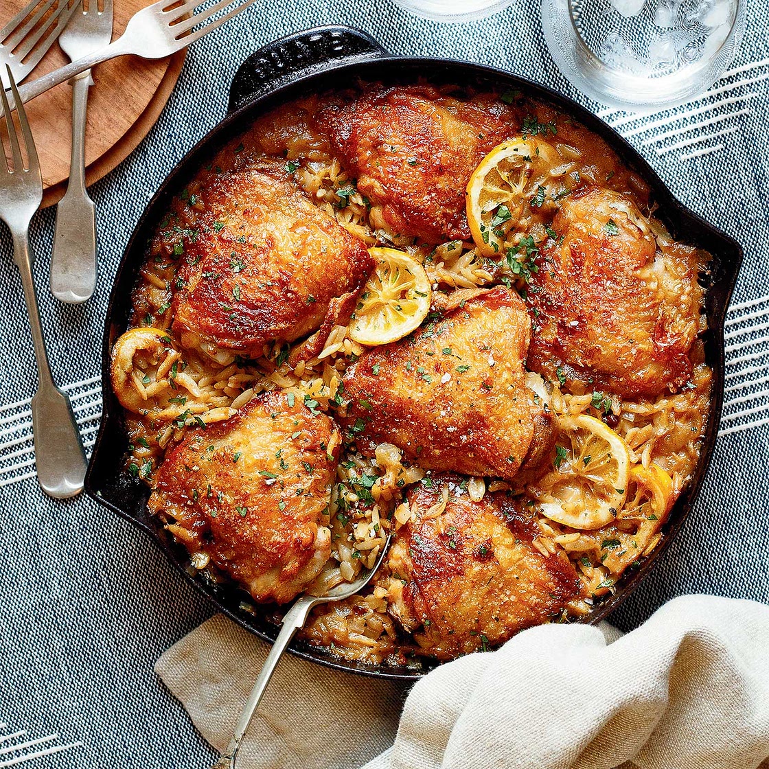 Chicken Thighs w/ Orzo and Burrata